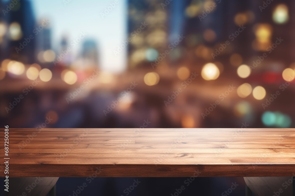 A wooden table with a backdrop of city lights. Perfect for adding a touch of urban ambiance to any design