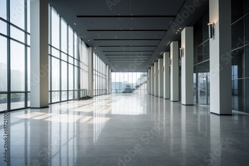 A large long hallway filled with an abundance of natural light. Perfect for showcasing architectural design or creating a sense of openness and brightness in any project