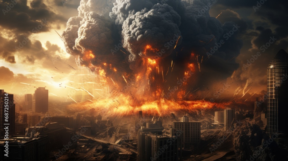 Big explosion of nuclear bomb in dramatic scene background. AI generated image