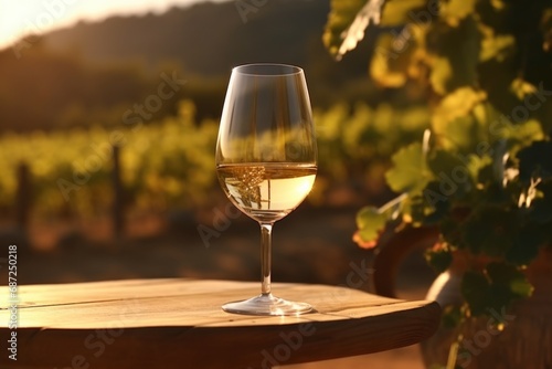 A simple and elegant image featuring a glass of wine placed on top of a wooden table. 