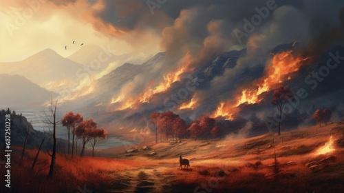 Dramatic scene a forest and mountain with wildfires with smoke clouds landscape. AI generated image