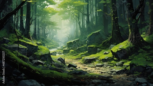 Beautiful scene of deep Green natural rainforest with sunbeam. AI generated image © artpray