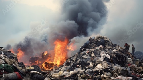 View of a garbage dump with a large pile of rubbish and burning old tires. AI generated image