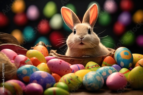 A cute rabbit sitting in a basket filled with colorful Easter eggs. Perfect for Easter-themed designs and decorations
