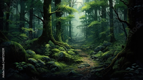 Beautiful scene of deep Green natural rainforest with sunbeam. AI generated image