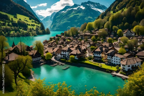 The beautiful view of village and lake Brienz in spring, photo
