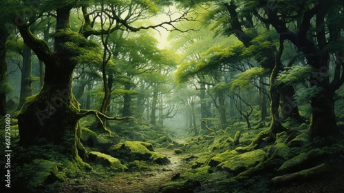 Beautiful scene of deep Green natural rainforest with sunbeam. AI generated image photo