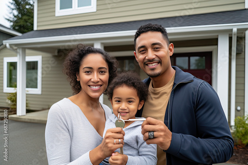 Happy family in front of their house, home, real estate. Homeowners, renters, mom, dad, kids, children, blended families, diverse families, standing in front of their property. photo