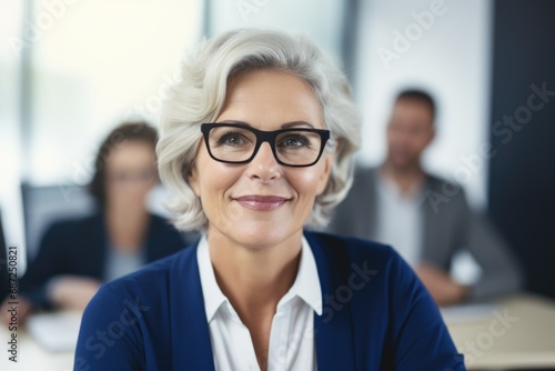 A woman wearing glasses is seated in front of a group of people. This image can be used to represent leadership, teamwork, or a business meeting