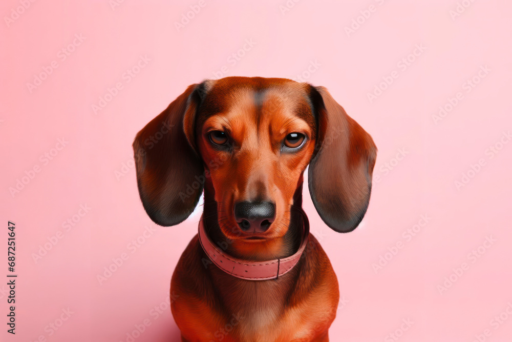 Angry disgruntled dachshund dog on a pink background. ai generative