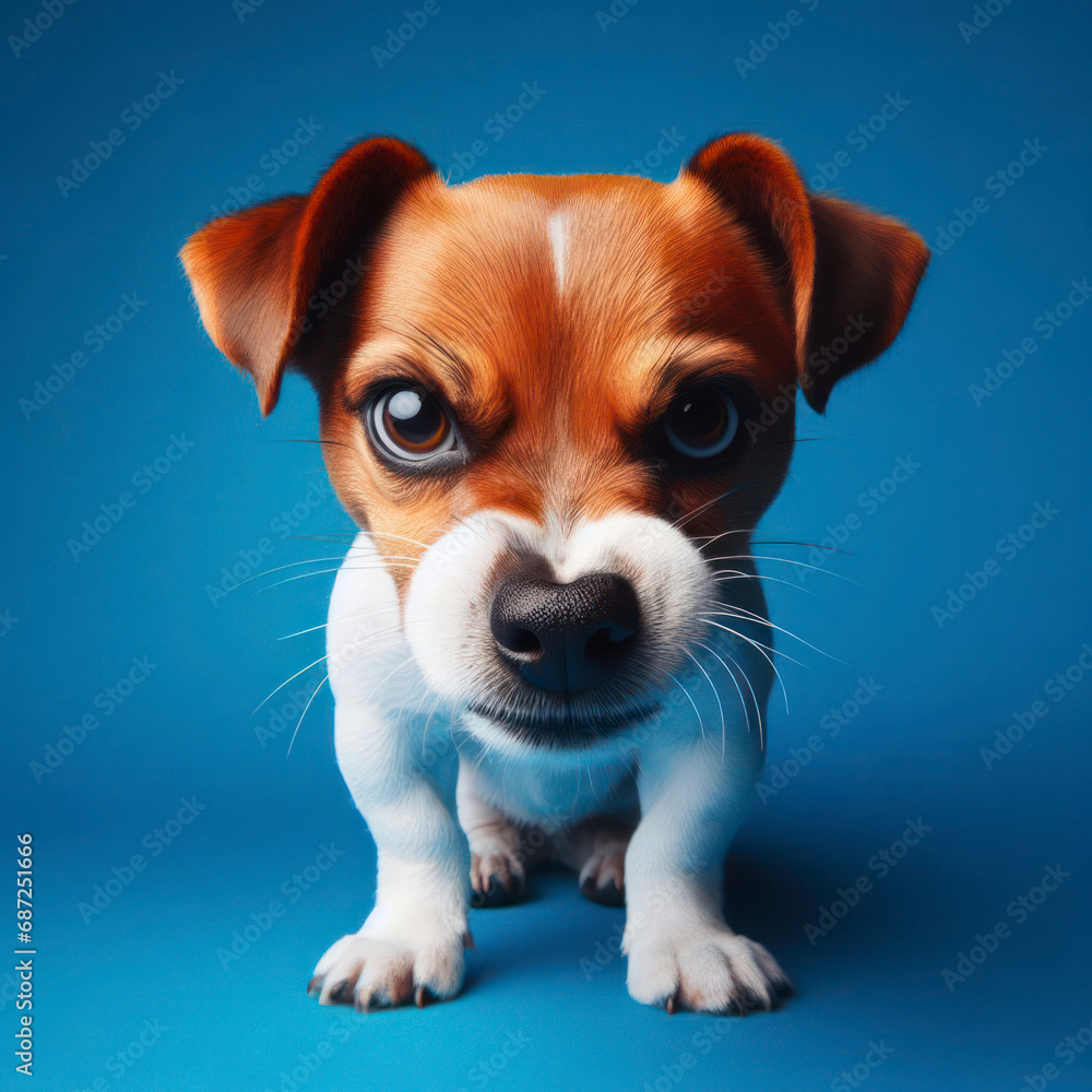 Angry disgruntled Jack Russell Terrier dog on a blue background. ai generative Angry disgruntled Jack Russell Terrier dog on a blue background. ai generative