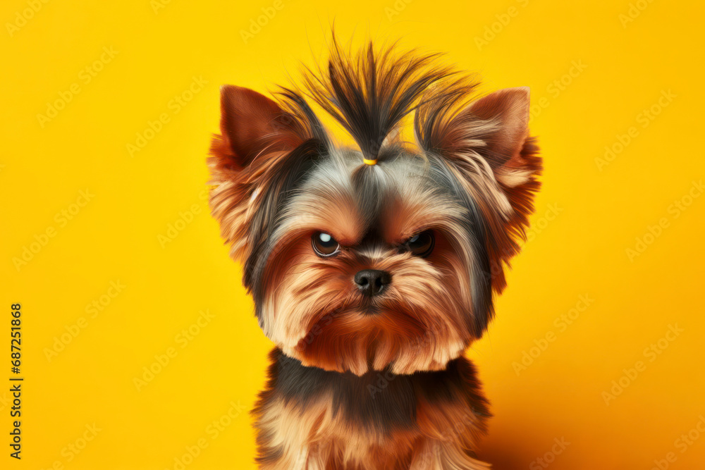 Fototapeta premium Angry disgruntled york dog on a blue background. ai generative