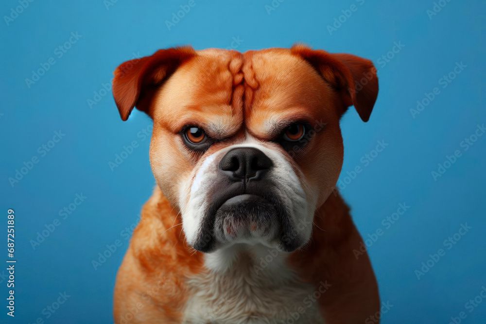 Angry, disgruntled dog on a blue background. ai generative