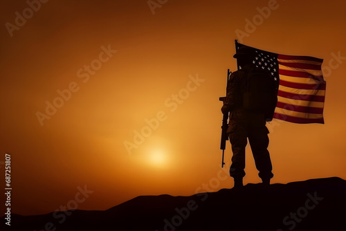 American patriot soldier concept over american flag background. Neural network AI generated art photo