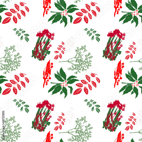Pattern con piante e fiori  verde e rosso astratto  photo