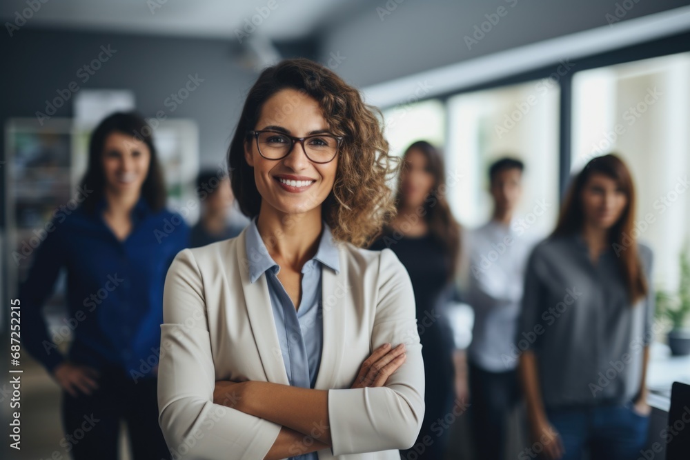 A woman confidently stands in front of a group of people. This image can be used to depict leadership, teamwork, or public speaking A woman confidently stands in front of a group of people. This image can be used to depict leadership, teamwork, or public speaking