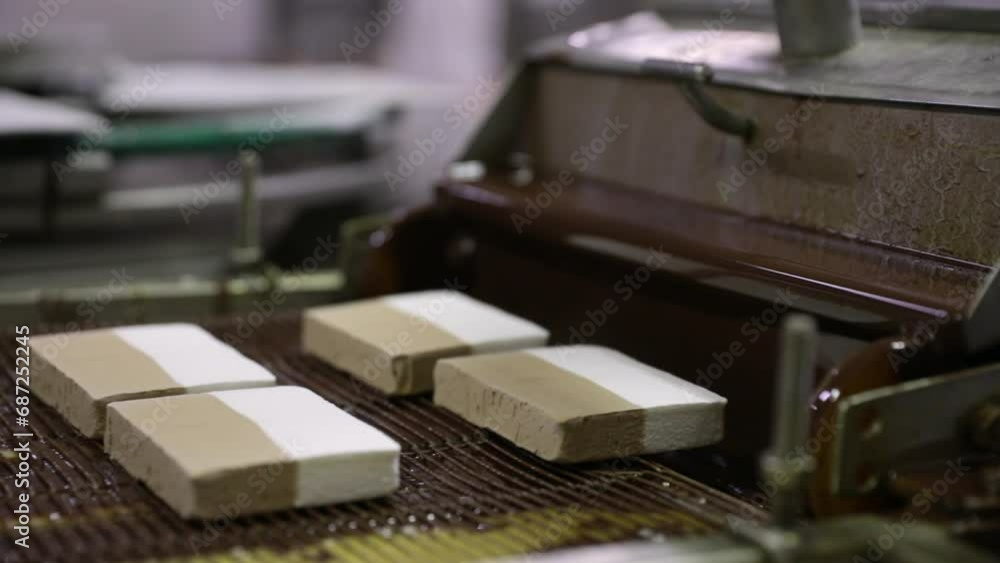 Food industry. Automation and technology. Closeup view of a conveyer belt and a machine coating cream and dulce de leche ice cream tablets with chocolate. Food industry. Automation and technology. Closeup view of a conveyer belt and a machine coating cream and dulce de leche ice cream tablets with chocolate.