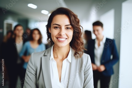 A professional woman in a business suit standing confidently in front of a group of people. Ideal for business presentations and leadership concepts