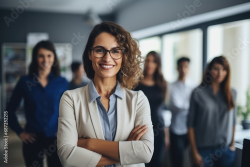 A woman confidently stands in front of a group of people. This image can be used to depict leadership, teamwork, or public speaking