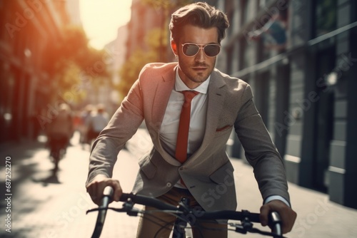 A man dressed in a suit and tie riding a bicycle. Suitable for business, commuting, and healthy lifestyle concepts