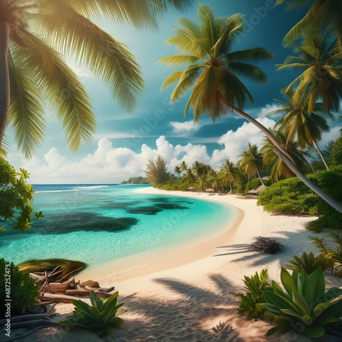 Tropical beach with palm trees and turquoise water  A beautiful tropical beach with lush palm trees and clear turquoise water. The sand is white and soft.