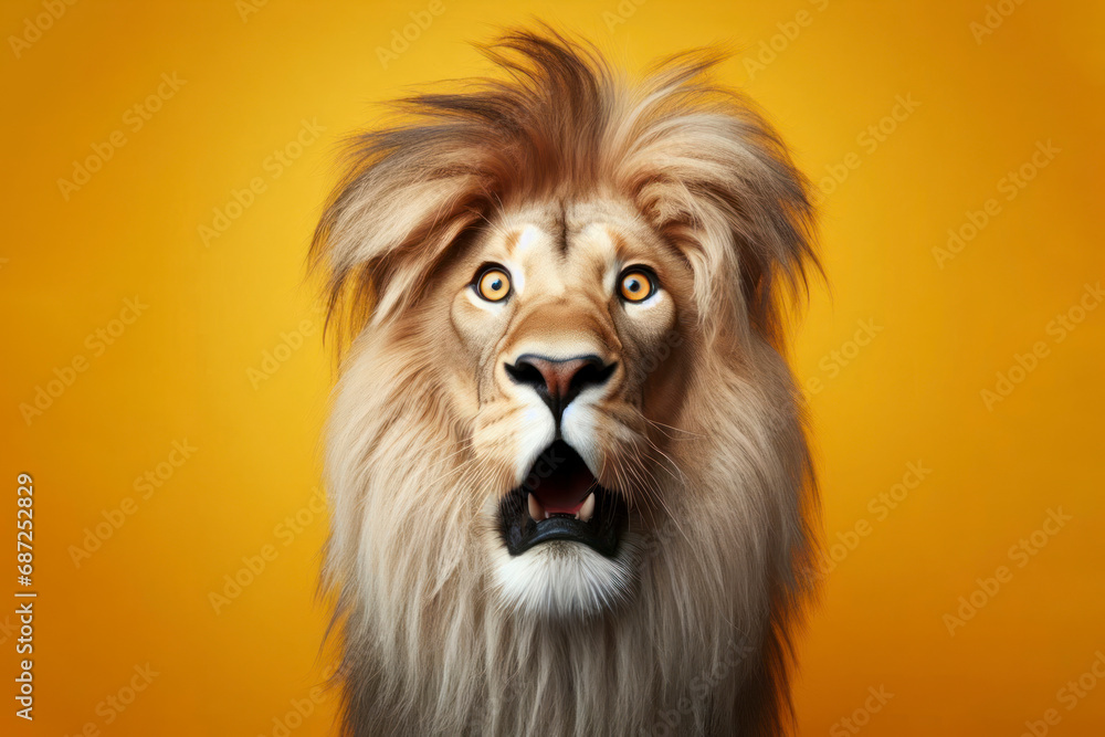 Studio portrait of surprised lion on bright yellow bright studio banner with empty copy space. ai generative
