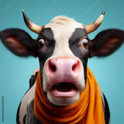 Studio portrait of surprised cow standing on bright blue bright studio banner with empty copy space. ai generative