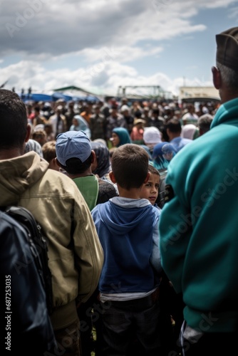 Huge queue and Crowd of homeless refugees view from the back with staff and children. Refugees and economy crisis.