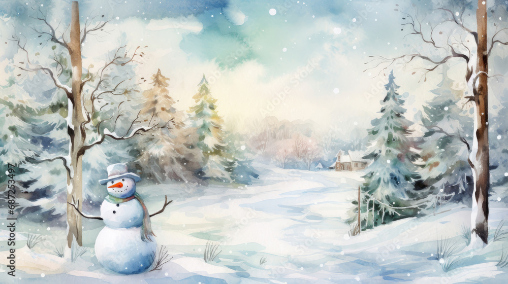 Watercolor of Christmas merry snowman