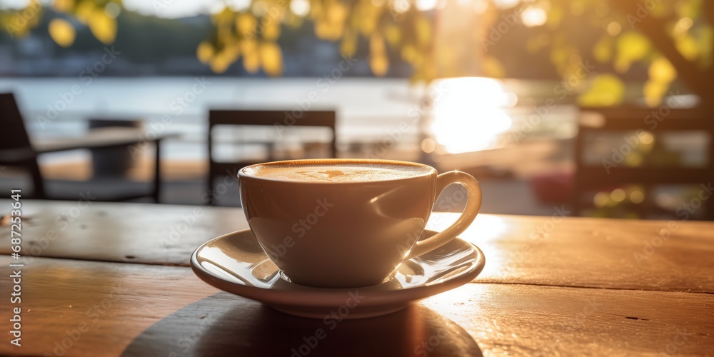 Morning coffee. Cup of coffee standing at table in a park cafe Morning coffee. Cup of coffee standing at table in a park cafe