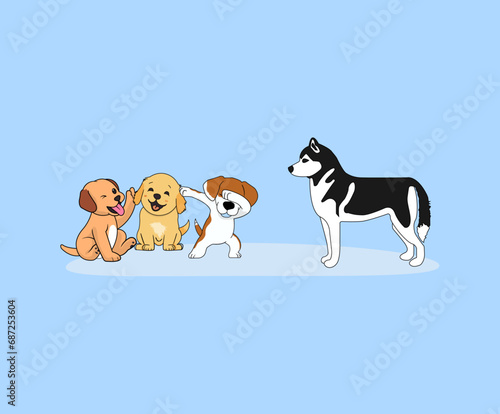 Cute red-haired girl walking many dogs, editable stroke.