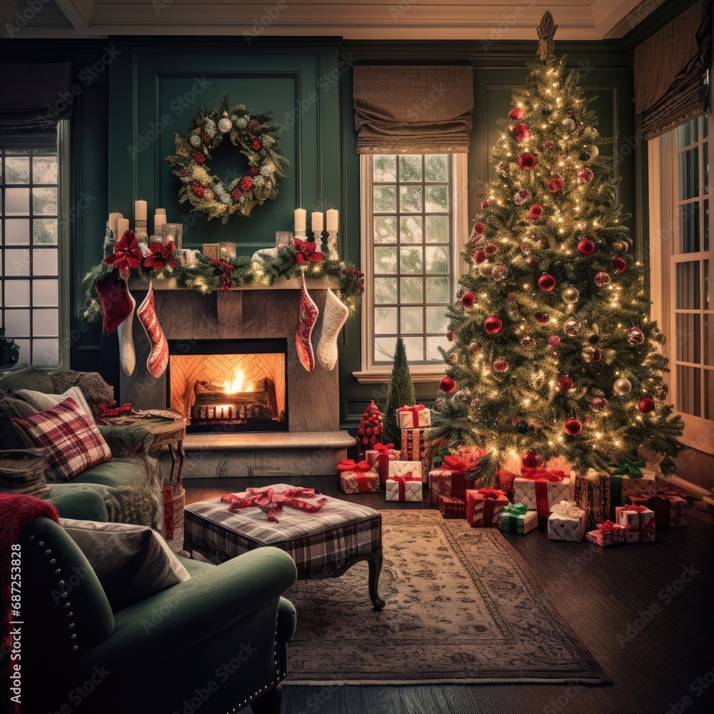 New Year's picture of happy family on background of Christmas decorations