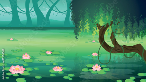 Swamp or lake with water lily. Vector cartoon landscape of green lake or river with water plants. 