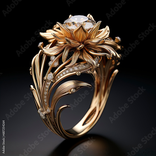Obraz na płótnie Diamond ring. Ring with a diamond. Fancy gold ring with diamond. Gold ring in the shape of a flower. Gold ring with natural ornament. w salonie