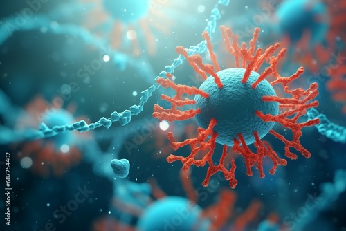 3d medical background with virus cells and dna strand photo