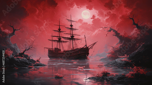 a ship sails on the ocean under a red moon
