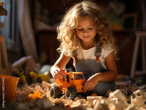 The little girl 7 years old is sitting on the floor of a child's room playing with a toy bulldozer  © Victor