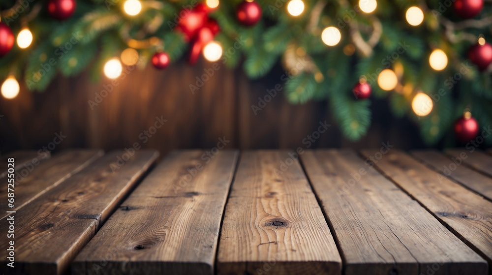 A wood table display with a festive Christmas background banner lights and ornaments A wood table display with a festive Christmas background banner lights and ornaments