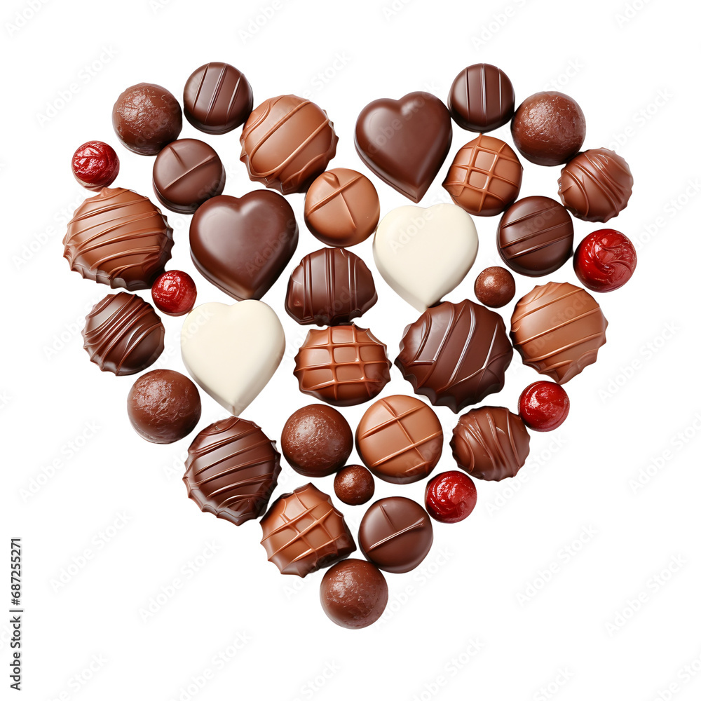 Heart-shaped design made of chocolate candies on a white background, ideal for sweet themes Heart-shaped design made of chocolate candies on a white background, ideal for sweet themes