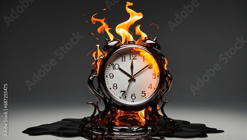 Melting Clock on fire, melting hands symbolize time running out