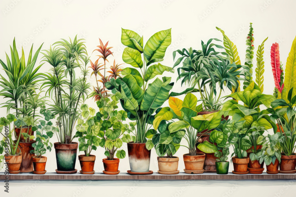 Realistic indoor plants in flower pots on light wall background. Different types of plants with variety of leaf shapes.