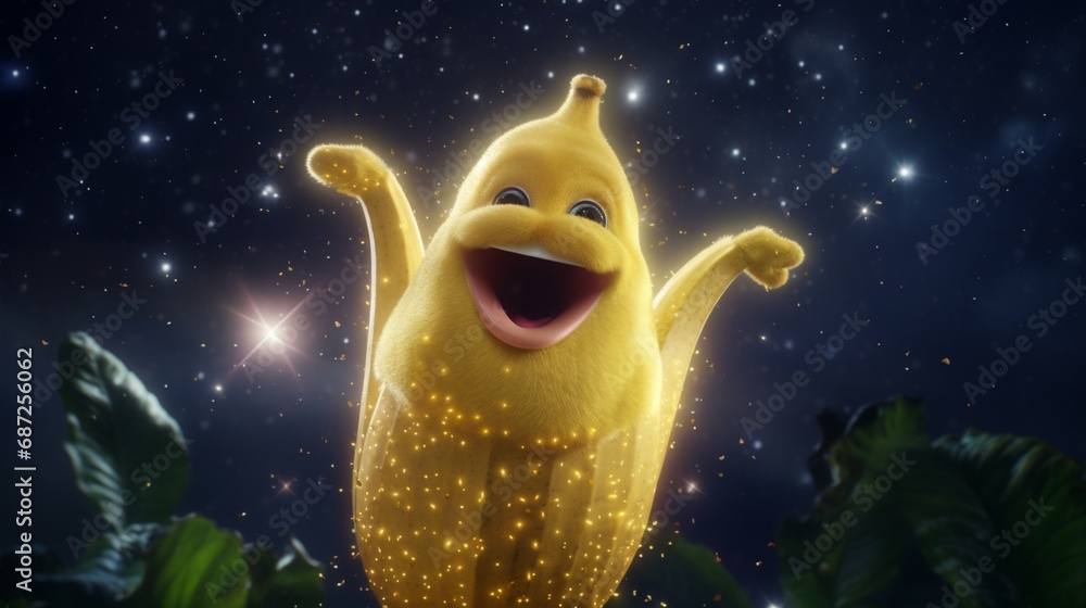 Fototapeta premium Conjure a delighted banana character basking in the soft, celestial glow of a starry night sky adorned with light, wispy clouds.