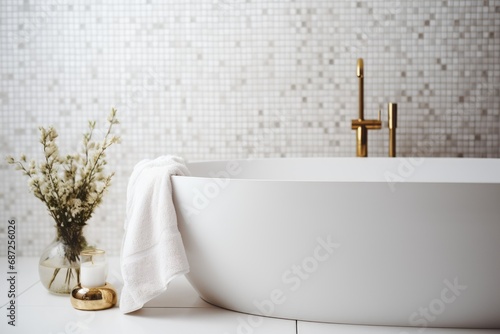 The interior of a white bathtub is minimalist. Bathtub in the middle of the bathroom luxury design. Gold faucet and fittings. Golden vase with dried flowers.