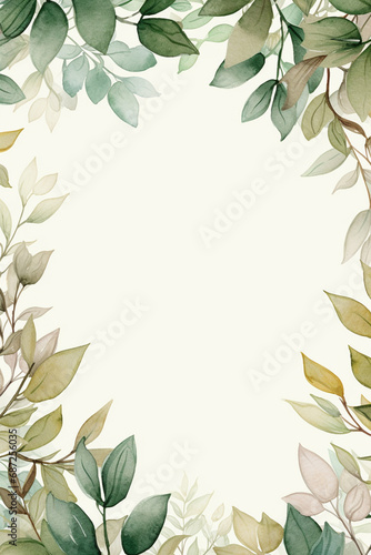 branch with green leaves border wedding invitation card white background with copy space