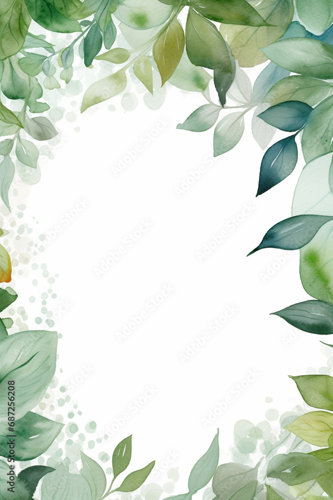 green leaves frame wedding invitation card white background with copy space