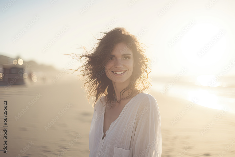 Young Caucasian Woman Radiates Joy and Beauty in the Warm Embrace of Summer Sunset, Capturing the Essence of Carefree Lifestyle and Nature's Delight Young Caucasian Woman Radiates Joy and Beauty in the Warm Embrace of Summer Sunset, Capturing the Essence of Carefree Lifestyle and Nature's Delight