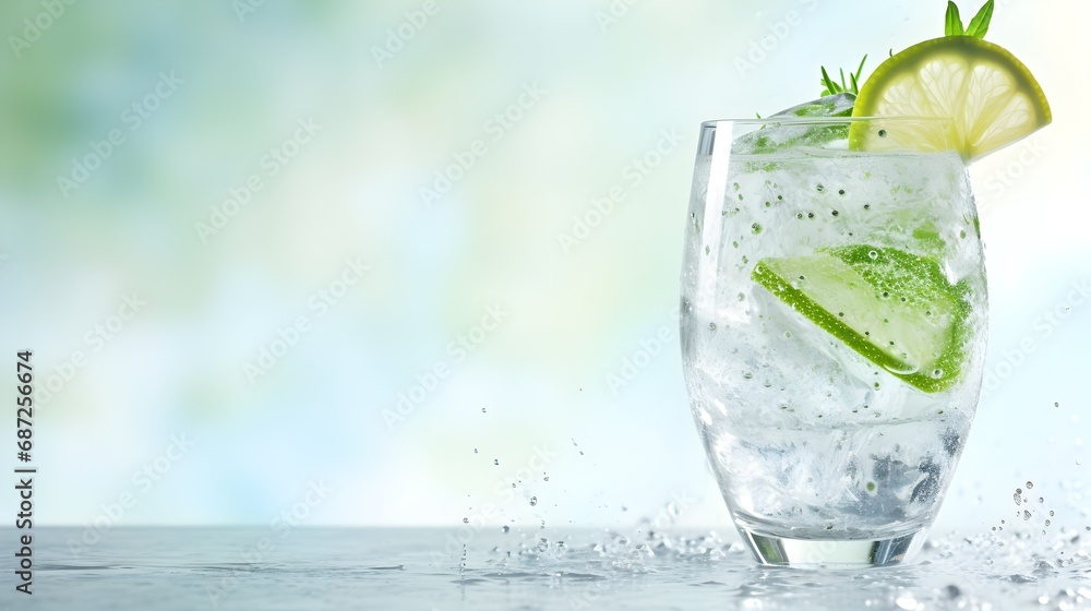 Classic gin and tonic cocktail with ice, lime, and a sprig of rosemary in a sophisticated glass Classic gin and tonic cocktail with ice, lime, and a sprig of rosemary in a sophisticated glass