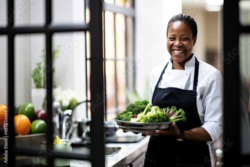 A joyful black woman, a vision of beauty, shares her happiness in the kitchen, skillfully preparing a fresh and healthy meal.