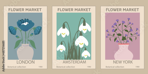 Set of different flower posters. Modern groovy, funky naive style, trendy pastel colors. Abstract daisy, poppy flowers. Colorful illustrations, perfect for wall art, cards, covers, backgrounds