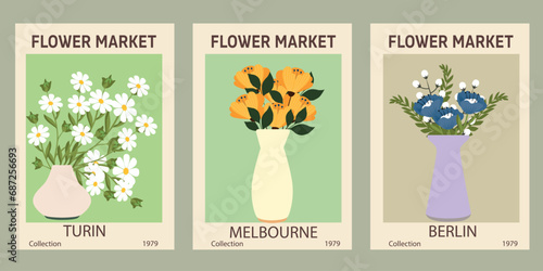 Set of different flower posters. Modern style, trendy pastel colors. Abstract daisy, poppy, marigold flowers. Vector colorful illustrations, perfect for wall art, cards, covers. Vector illustration